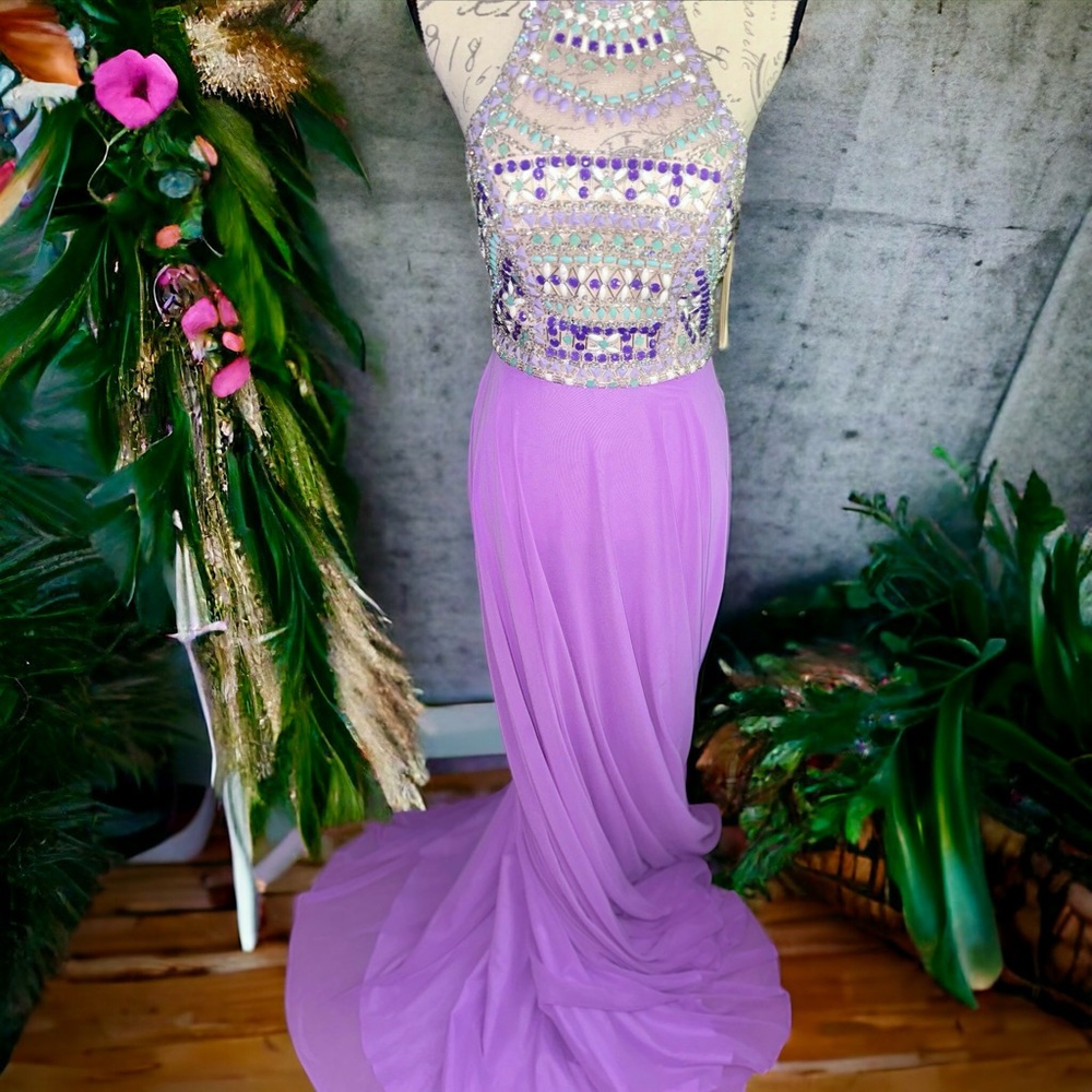 Purple Orchid Beaded Halter Maxi Gown Dave & Johnny Formal Dress 1/2 - Picture 7 of 11